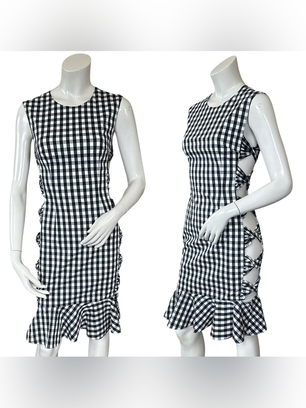 Fame & Partners Black White Gingham Bodycon Side Bow Cutout Dress Size US 0